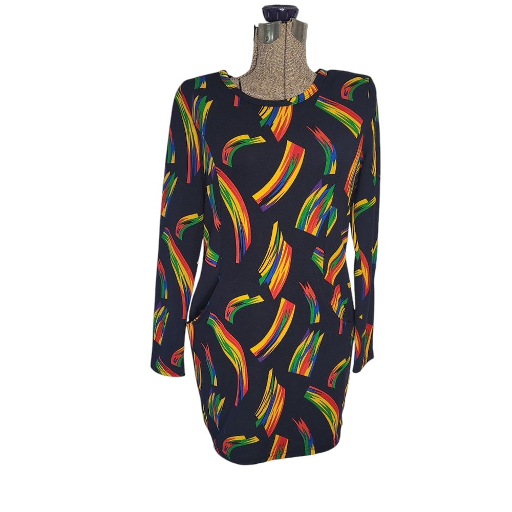 Black long sleeve bodycon tunic With Bright Colorful Pattern Print XL